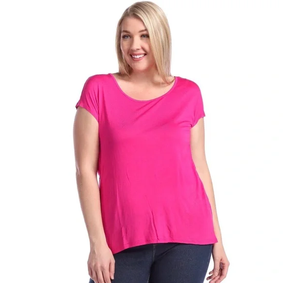 Twisted Knot Back High Low Hot Pink Short Sleeve Drapey Top - Picture 2 of 3